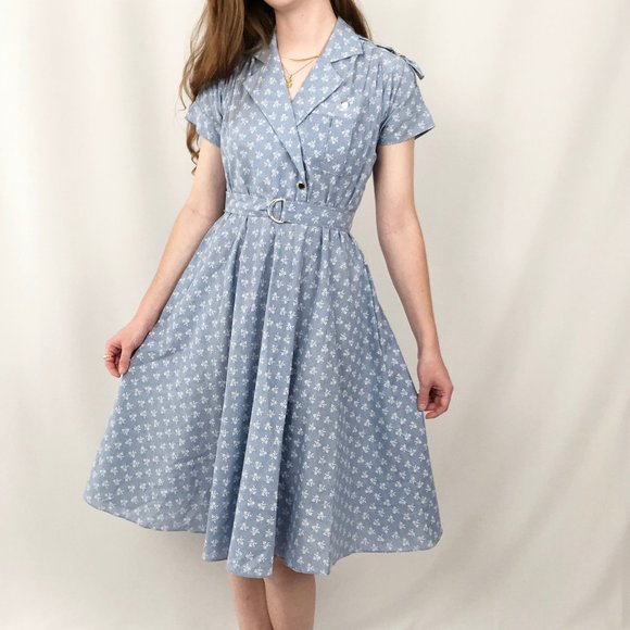 Vintage Dresses & Skirts - Vintage Mid Century Modern Floral Belted Secretary Midi Dress Collared Preppy